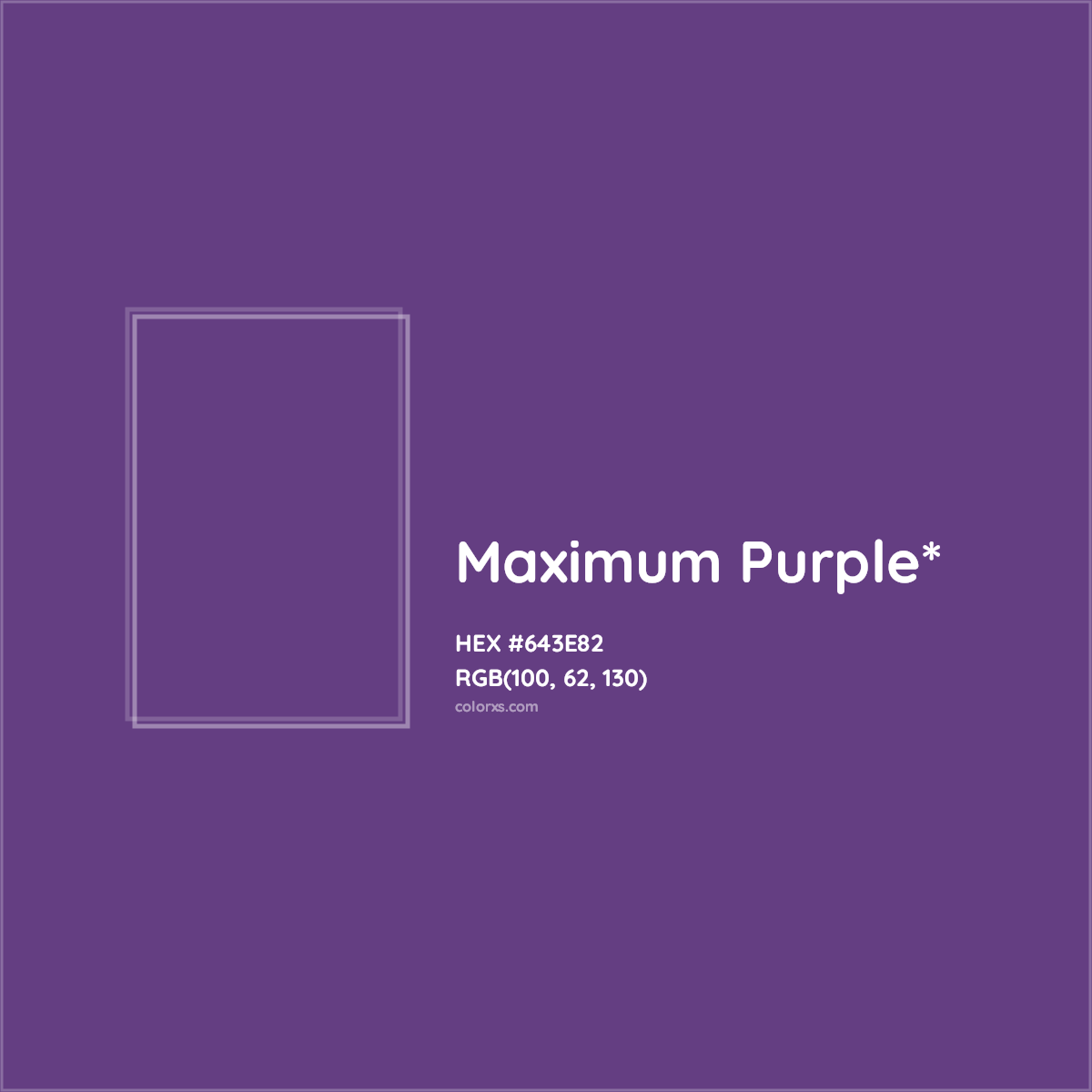 #643E82 hex color. RGB, RYB, CMYK, HSL, HSV codes and color conversions. Matching color names, palettes, paints.