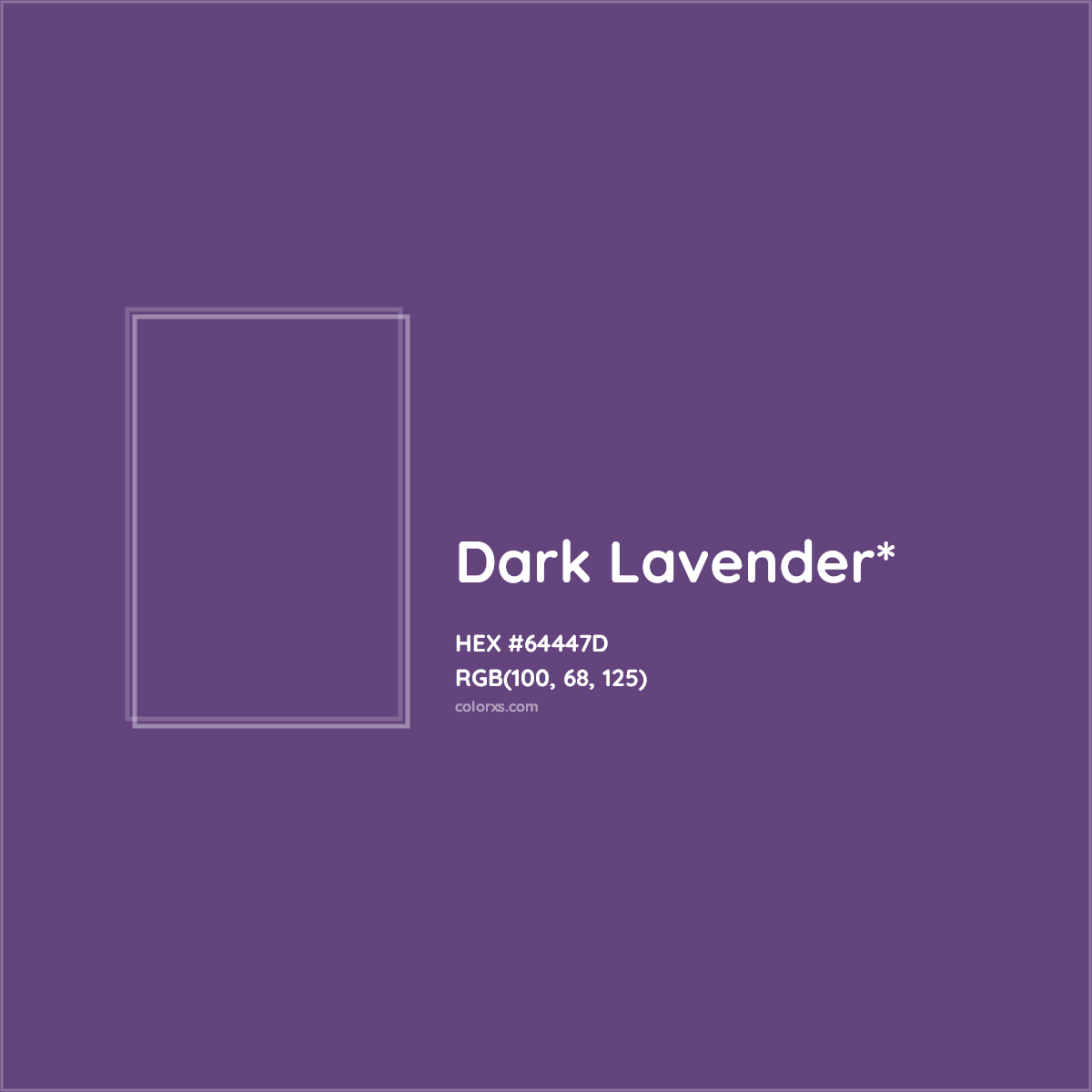 #64447D hex color. RGB, RYB, CMYK, HSL, HSV codes and color conversions. Matching color names, palettes, paints.