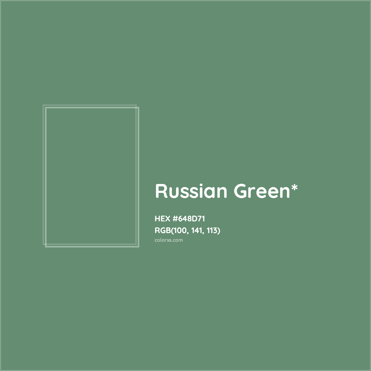 #648D71 hex color. RGB, RYB, CMYK, HSL, HSV codes and color conversions. Matching color names, palettes, paints.