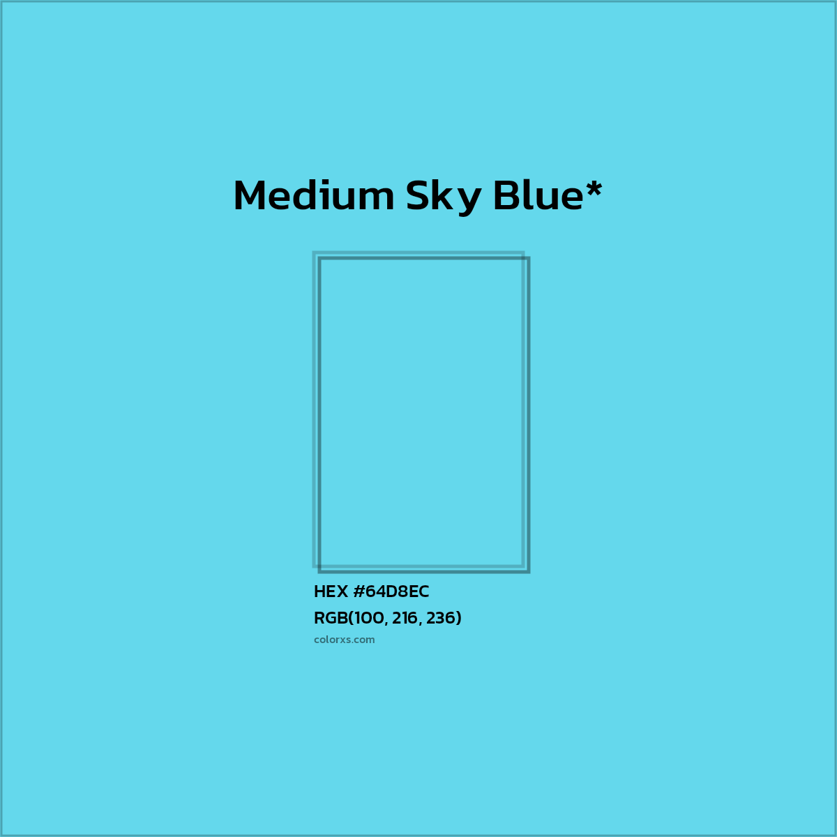 #64D8EC hex color. RGB, RYB, CMYK, HSL, HSV codes and color conversions. Matching color names, palettes, paints.