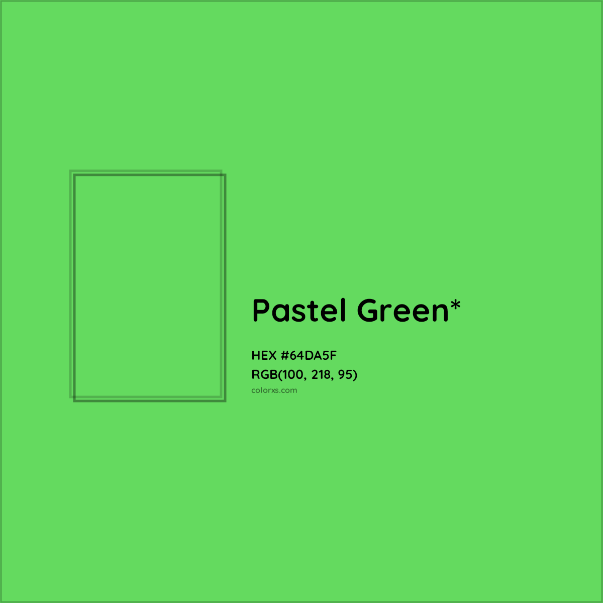 #64DA5F hex color. RGB, RYB, CMYK, HSL, HSV codes and color conversions. Matching color names, palettes, paints.