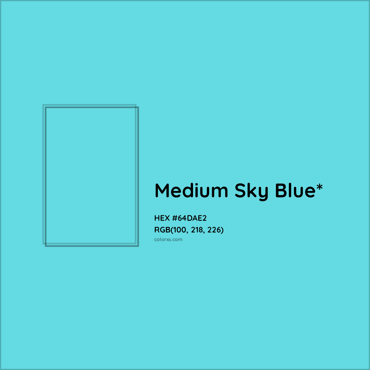 #64DAE2 hex color. RGB, RYB, CMYK, HSL, HSV codes and color conversions. Matching color names, palettes, paints.
