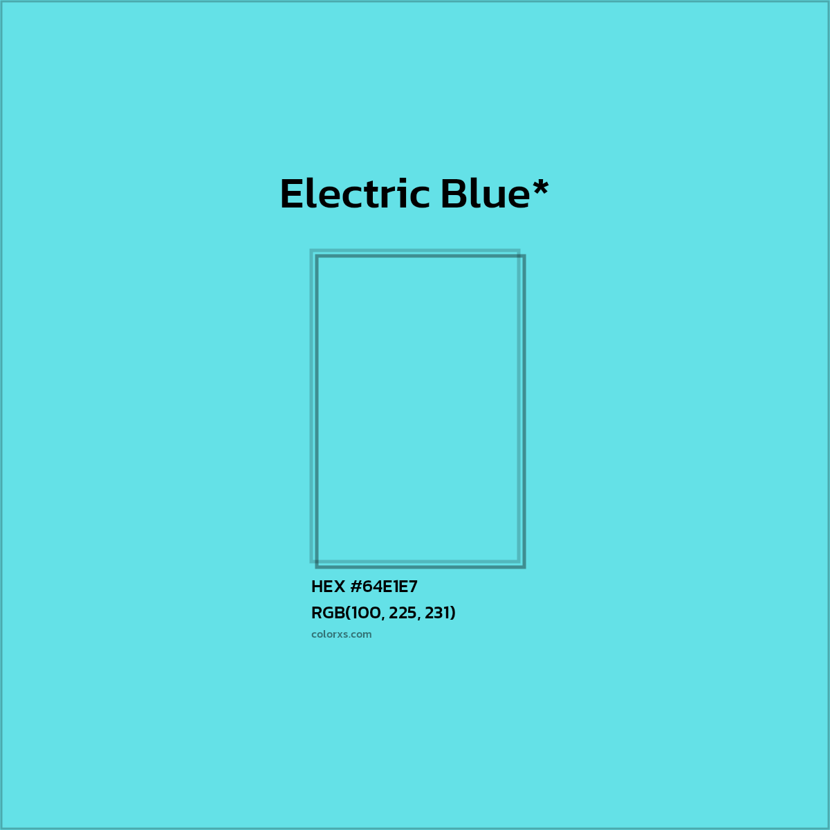 #64E1E7 hex color. RGB, RYB, CMYK, HSL, HSV codes and color conversions. Matching color names, palettes, paints.