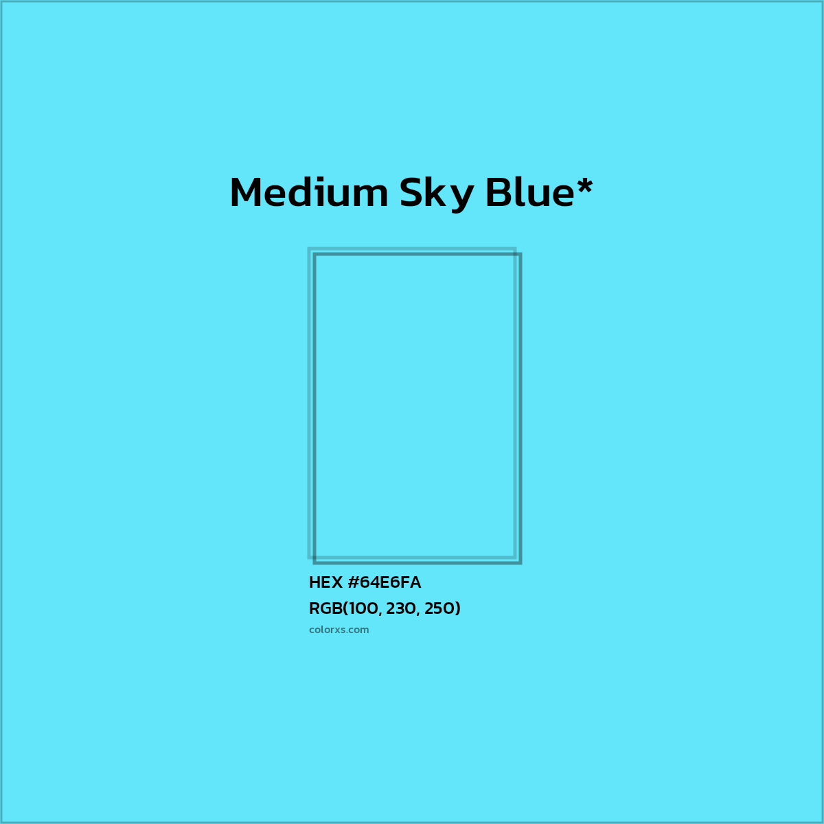 #64E6FA hex color. RGB, RYB, CMYK, HSL, HSV codes and color conversions. Matching color names, palettes, paints.