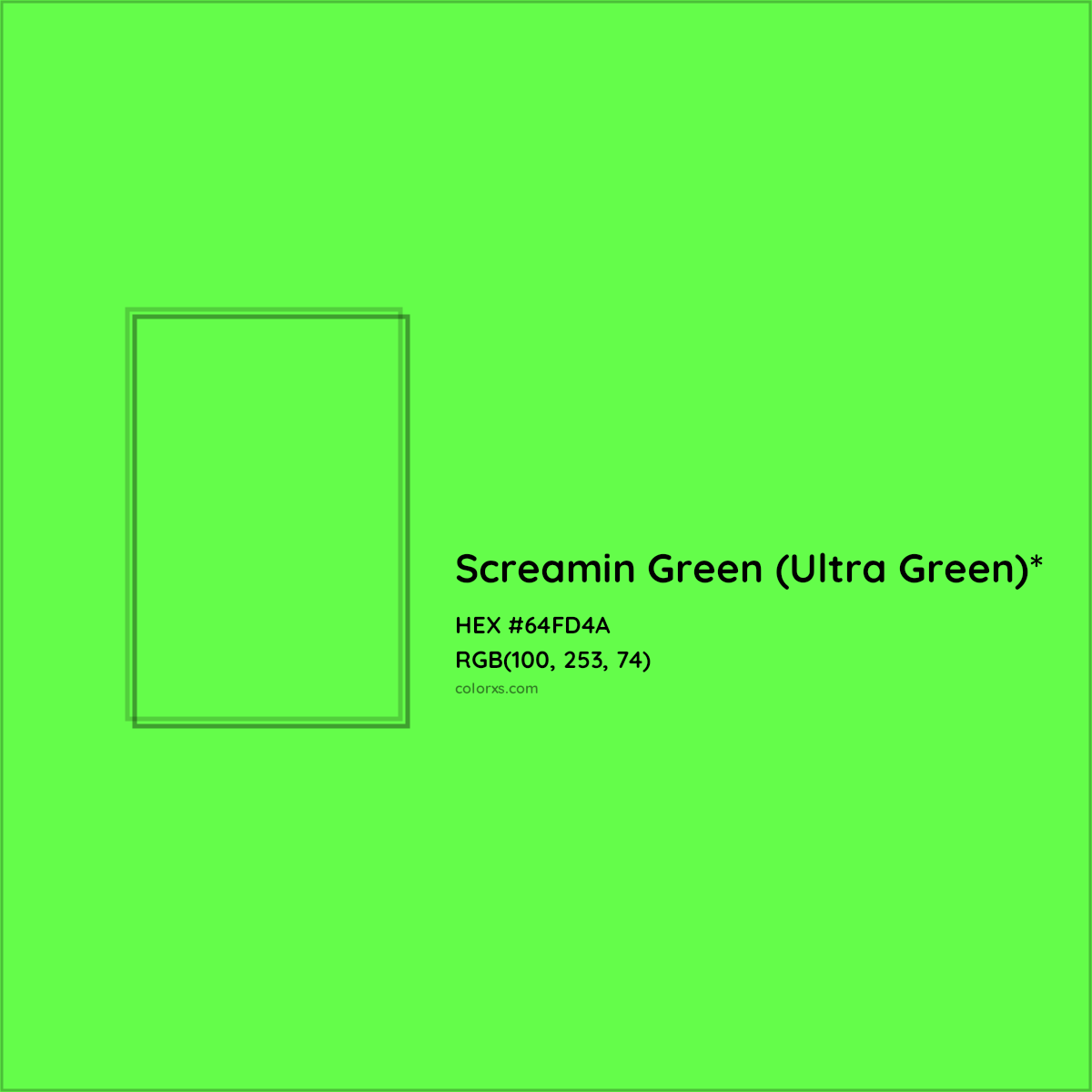 #64FD4A hex color. RGB, RYB, CMYK, HSL, HSV codes and color conversions. Matching color names, palettes, paints.
