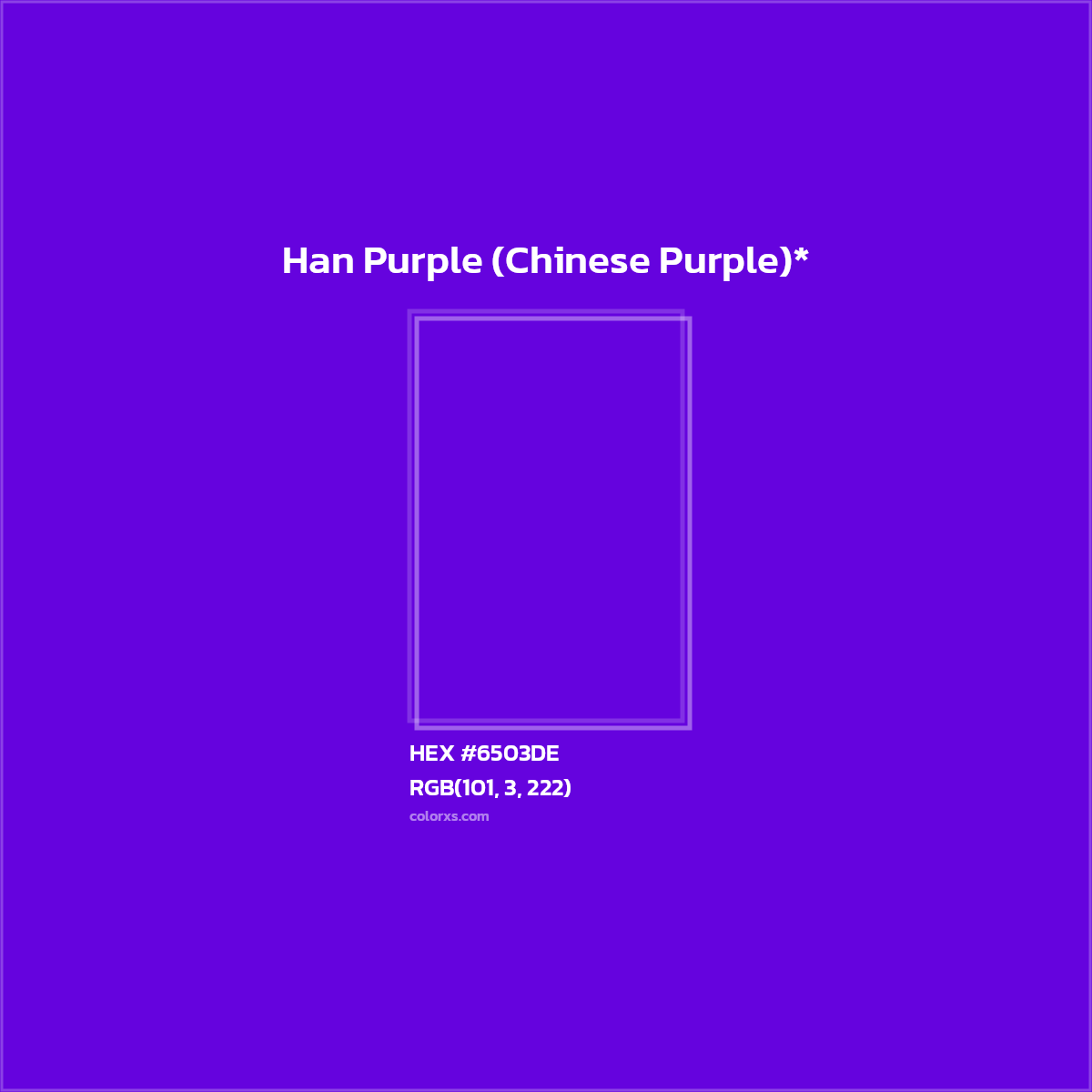 #6503DE hex color. RGB, RYB, CMYK, HSL, HSV codes and color conversions. Matching color names, palettes, paints.