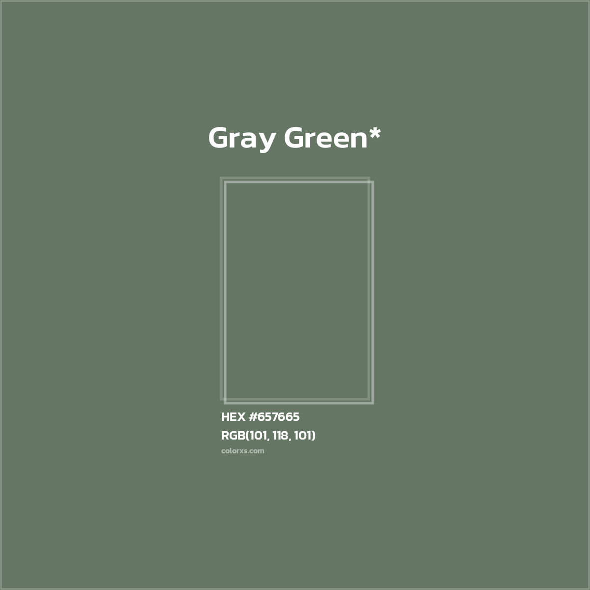 #657665 hex color. RGB, RYB, CMYK, HSL, HSV codes and color conversions. Matching color names, palettes, paints.