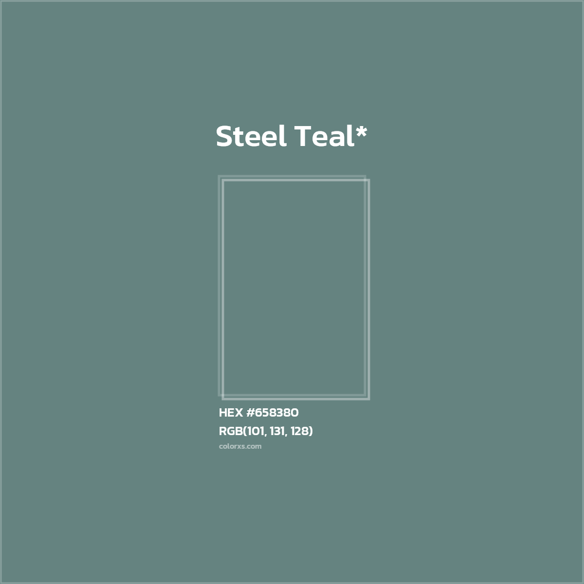 #658380 hex color. RGB, RYB, CMYK, HSL, HSV codes and color conversions. Matching color names, palettes, paints.