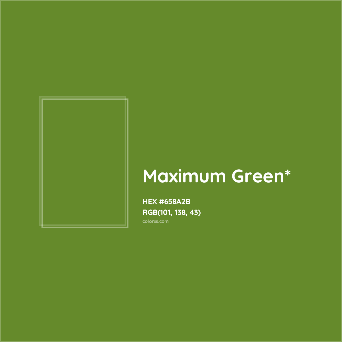 #658A2B hex color. RGB, RYB, CMYK, HSL, HSV codes and color conversions. Matching color names, palettes, paints.