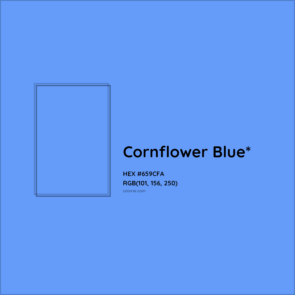 #659CFA hex color. RGB, RYB, CMYK, HSL, HSV codes and color conversions. Matching color names, palettes, paints.