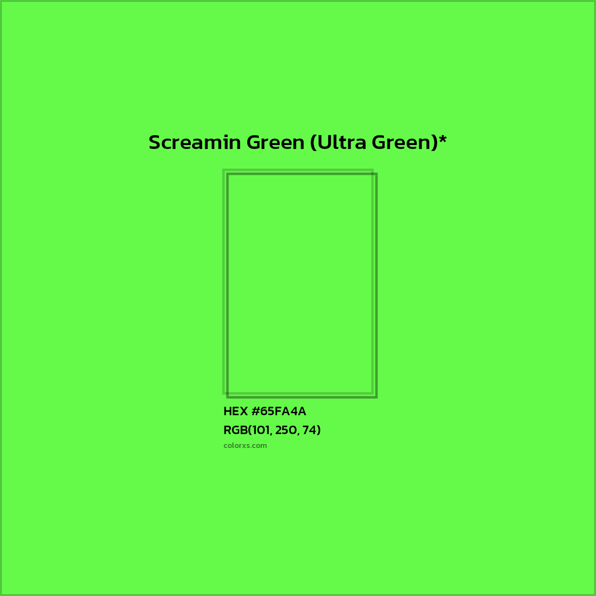 #65FA4A hex color. RGB, RYB, CMYK, HSL, HSV codes and color conversions. Matching color names, palettes, paints.