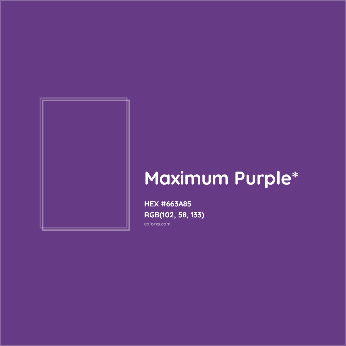 #663A85 hex color. RGB, RYB, CMYK, HSL, HSV codes and color conversions. Matching color names, palettes, paints.
