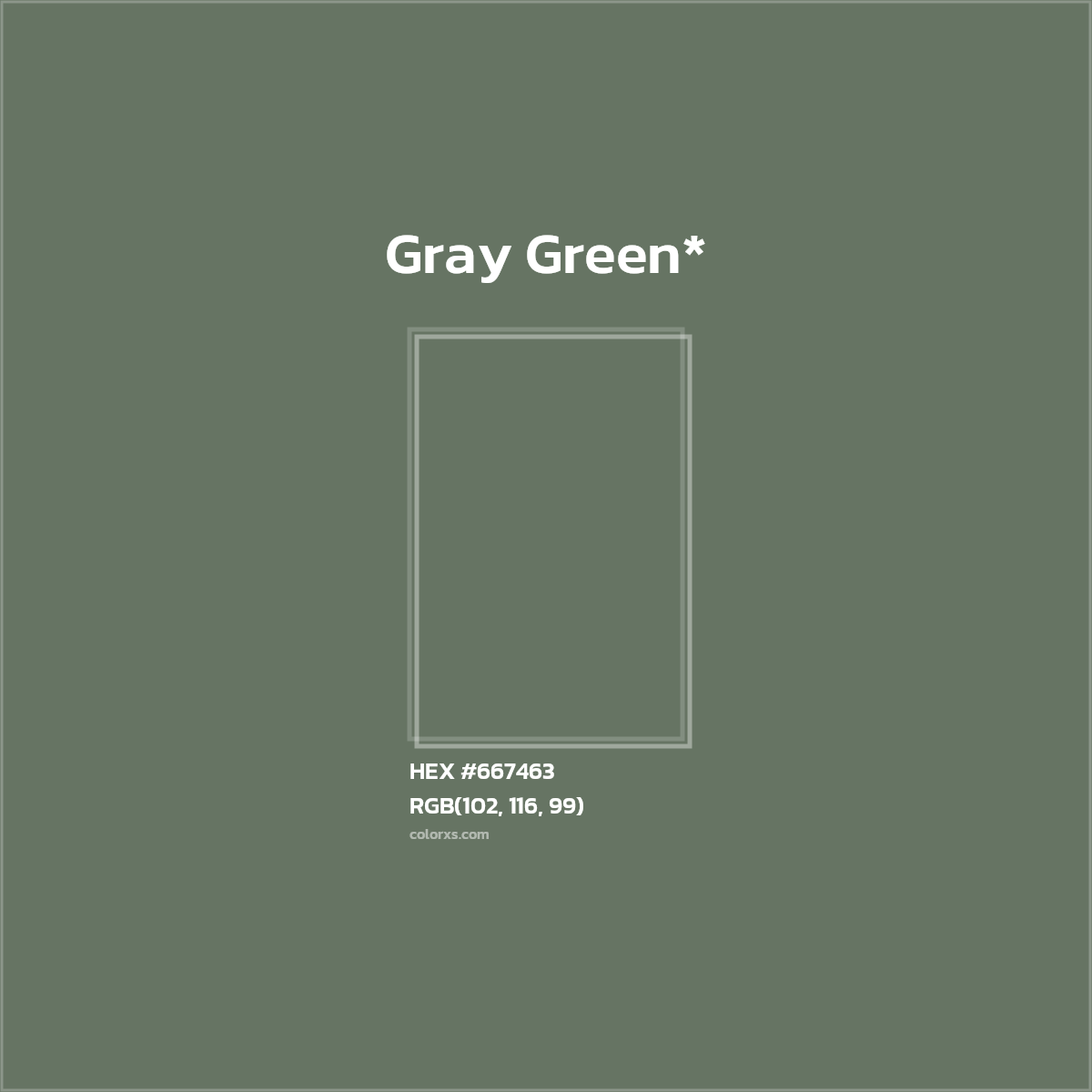 #667463 hex color. RGB, RYB, CMYK, HSL, HSV codes and color conversions. Matching color names, palettes, paints.