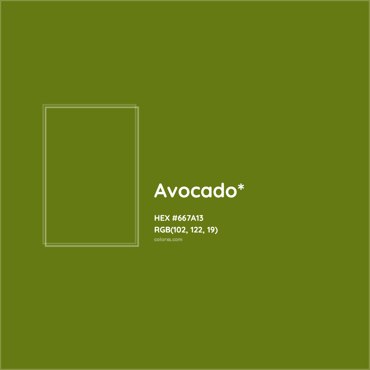 #667A13 hex color. RGB, RYB, CMYK, HSL, HSV codes and color conversions. Matching color names, palettes, paints.