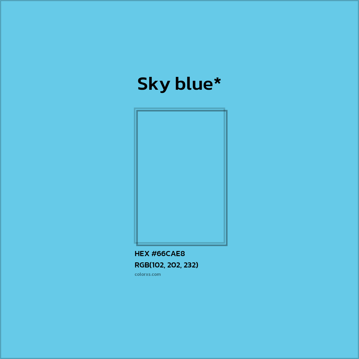 #66CAE8 hex color. RGB, RYB, CMYK, HSL, HSV codes and color conversions. Matching color names, palettes, paints.
