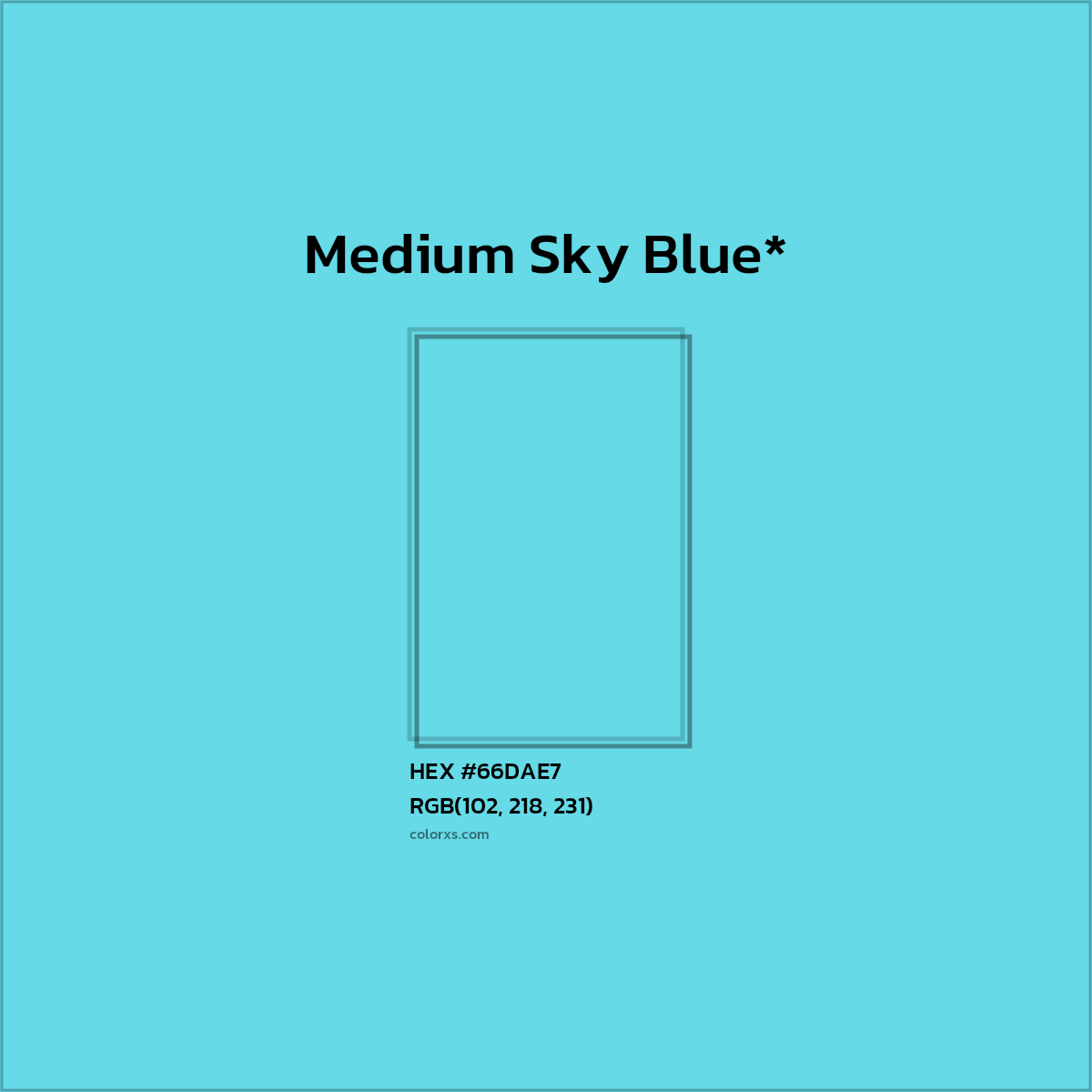#66DAE7 hex color. RGB, RYB, CMYK, HSL, HSV codes and color conversions. Matching color names, palettes, paints.
