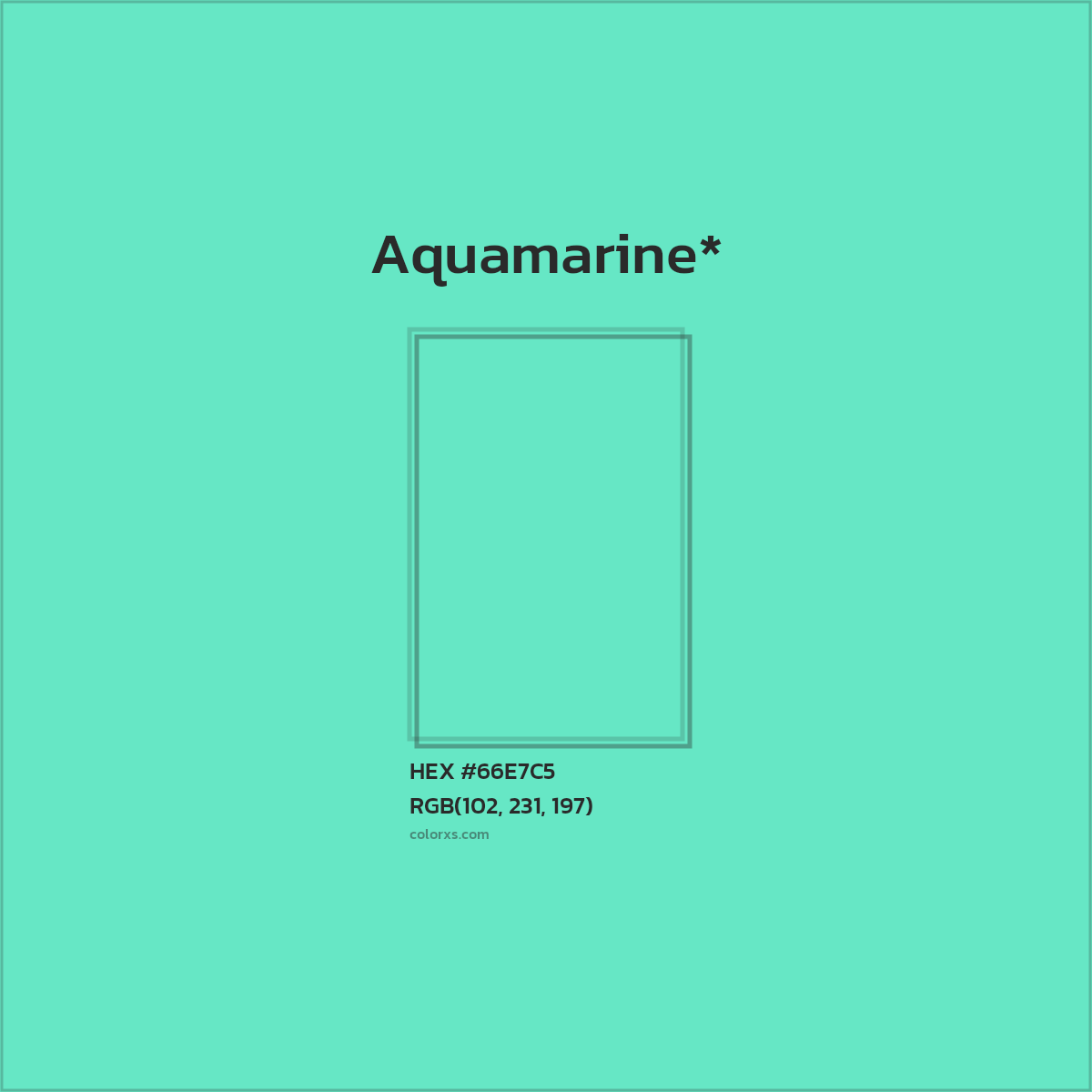 #66E7C5 hex color. RGB, RYB, CMYK, HSL, HSV codes and color conversions. Matching color names, palettes, paints.
