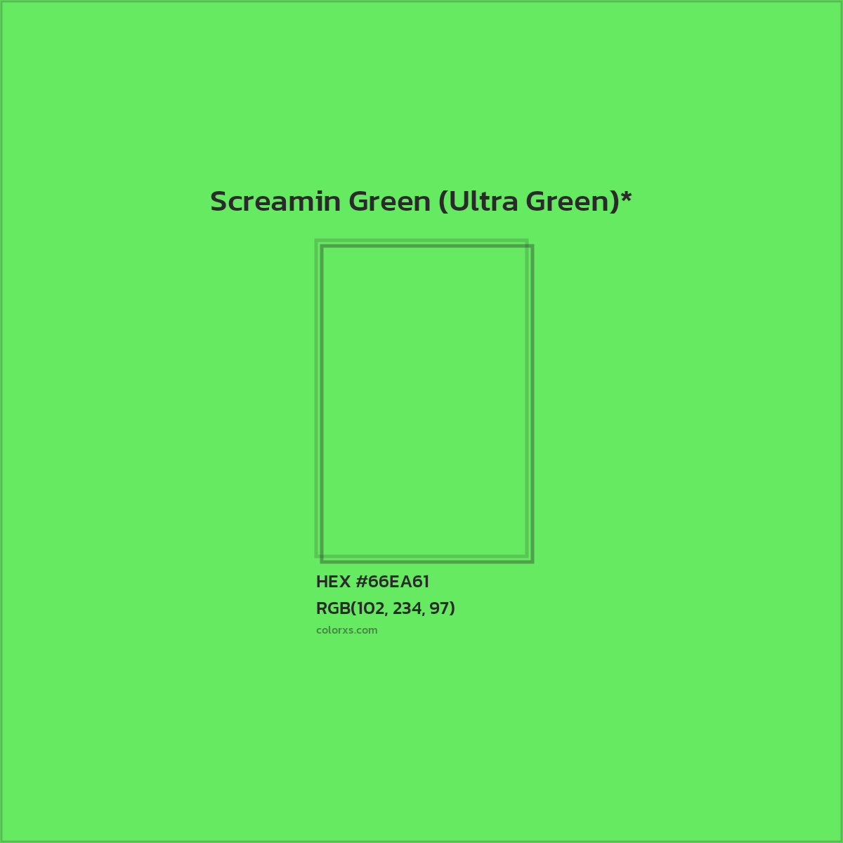 #66EA61 hex color. RGB, RYB, CMYK, HSL, HSV codes and color conversions. Matching color names, palettes, paints.