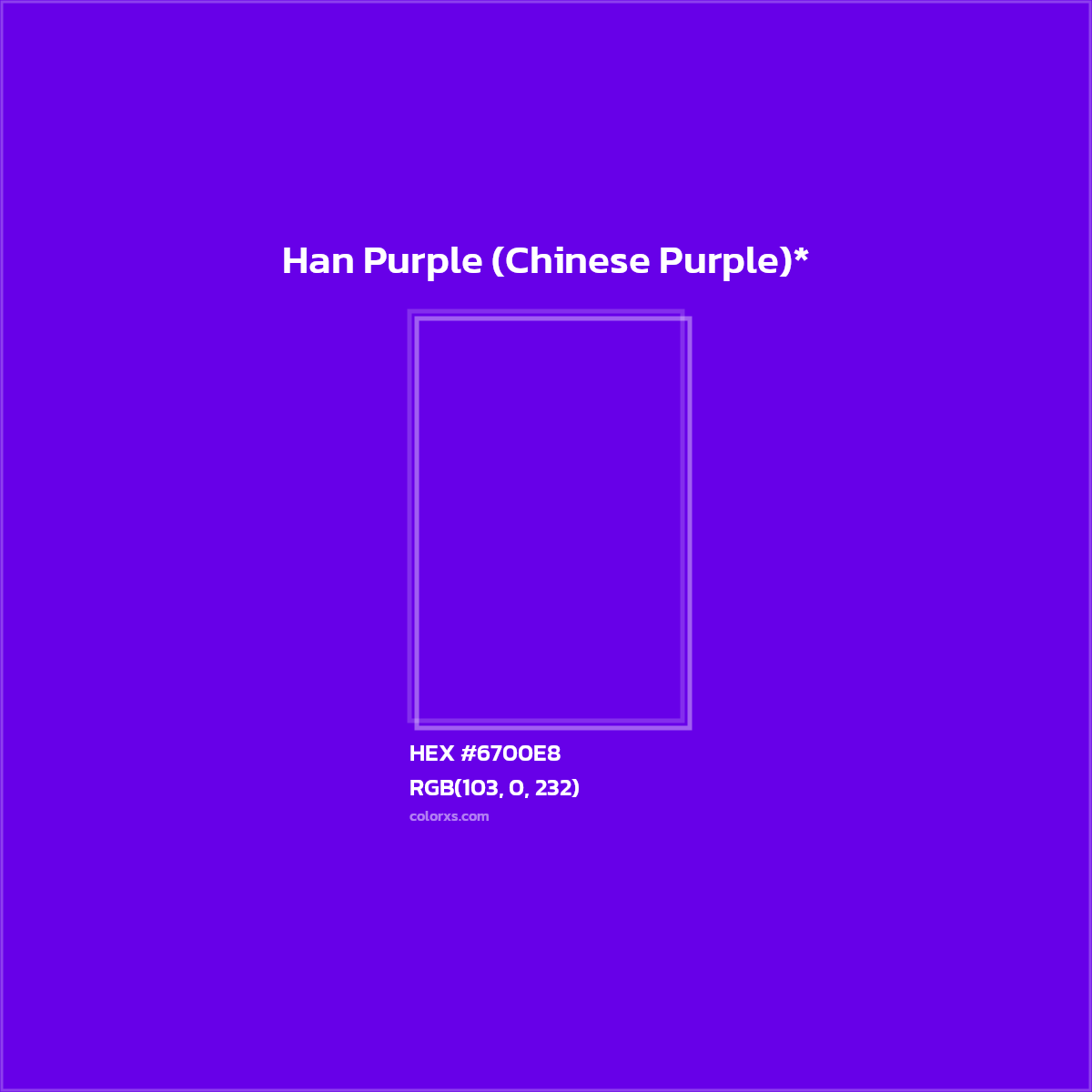 #6700E8 hex color. RGB, RYB, CMYK, HSL, HSV codes and color conversions. Matching color names, palettes, paints.
