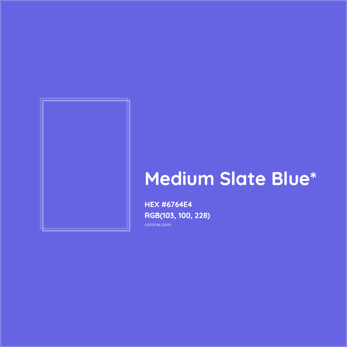 #6764E4 hex color. RGB, RYB, CMYK, HSL, HSV codes and color conversions. Matching color names, palettes, paints.