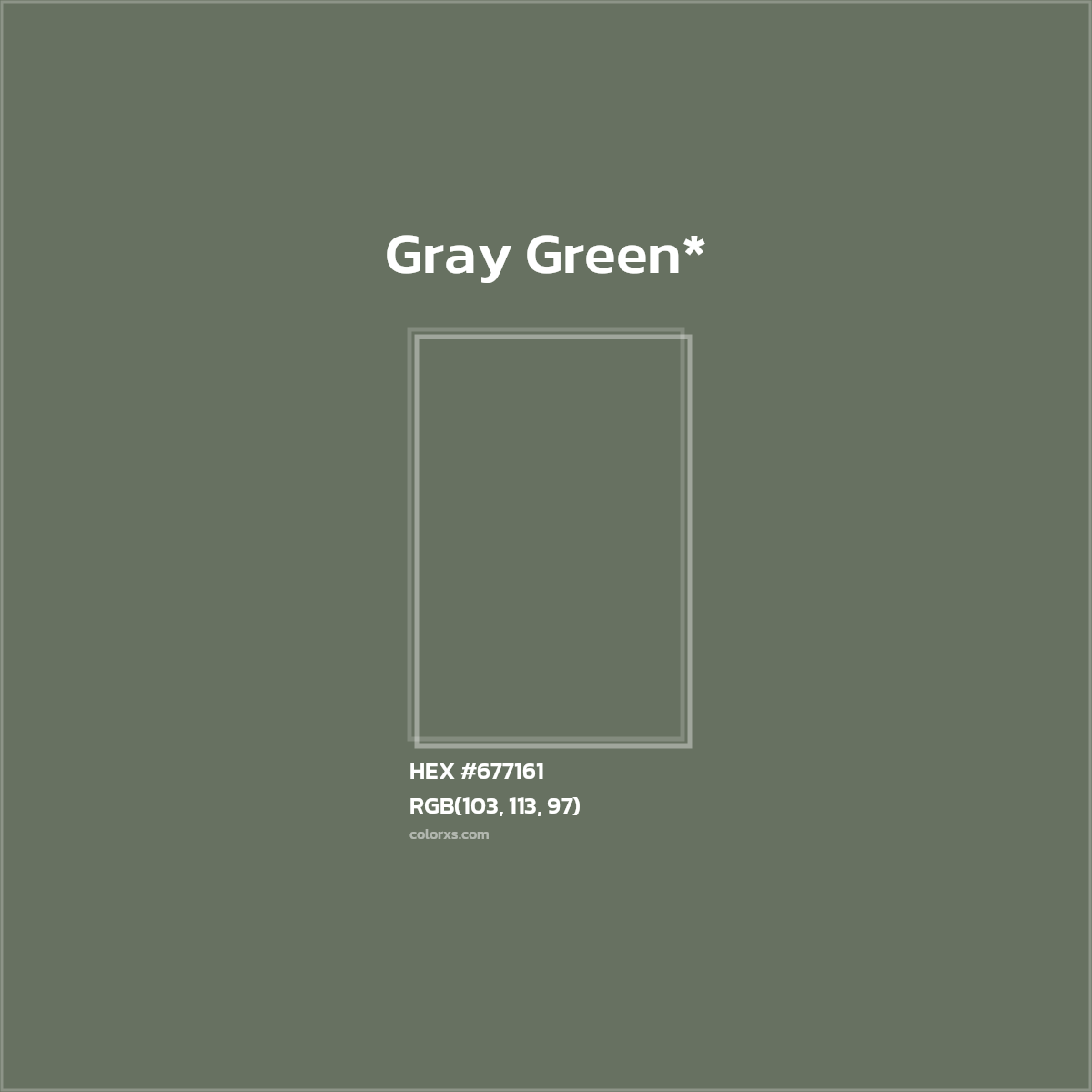 #677161 hex color. RGB, RYB, CMYK, HSL, HSV codes and color conversions. Matching color names, palettes, paints.