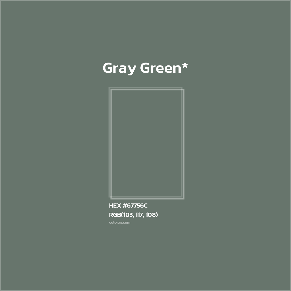#67756C hex color. RGB, RYB, CMYK, HSL, HSV codes and color conversions. Matching color names, palettes, paints.