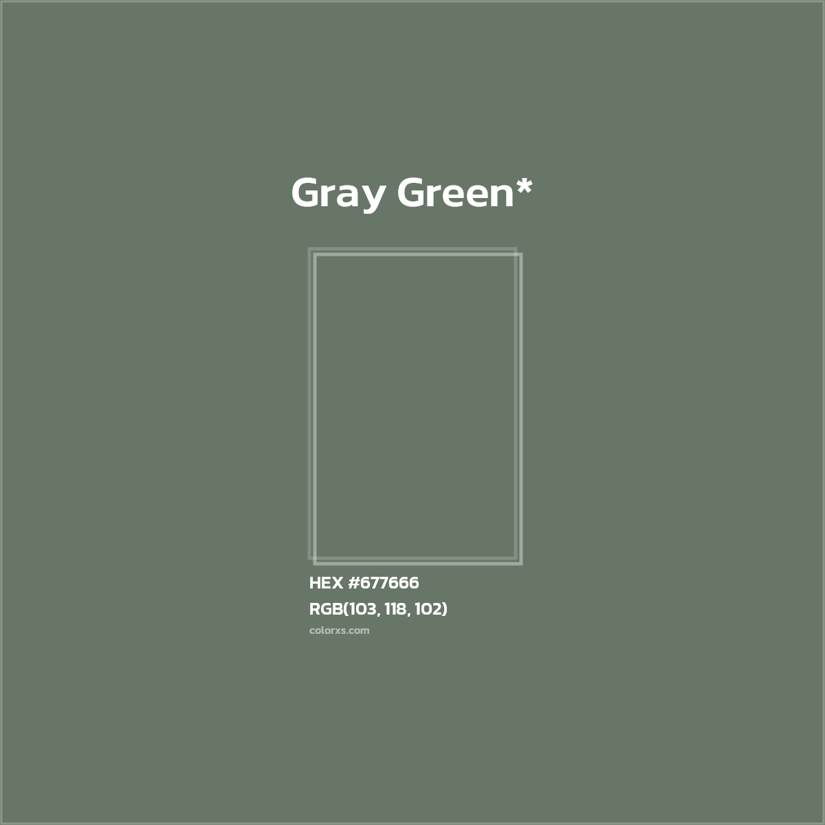 #677666 hex color. RGB, RYB, CMYK, HSL, HSV codes and color conversions. Matching color names, palettes, paints.