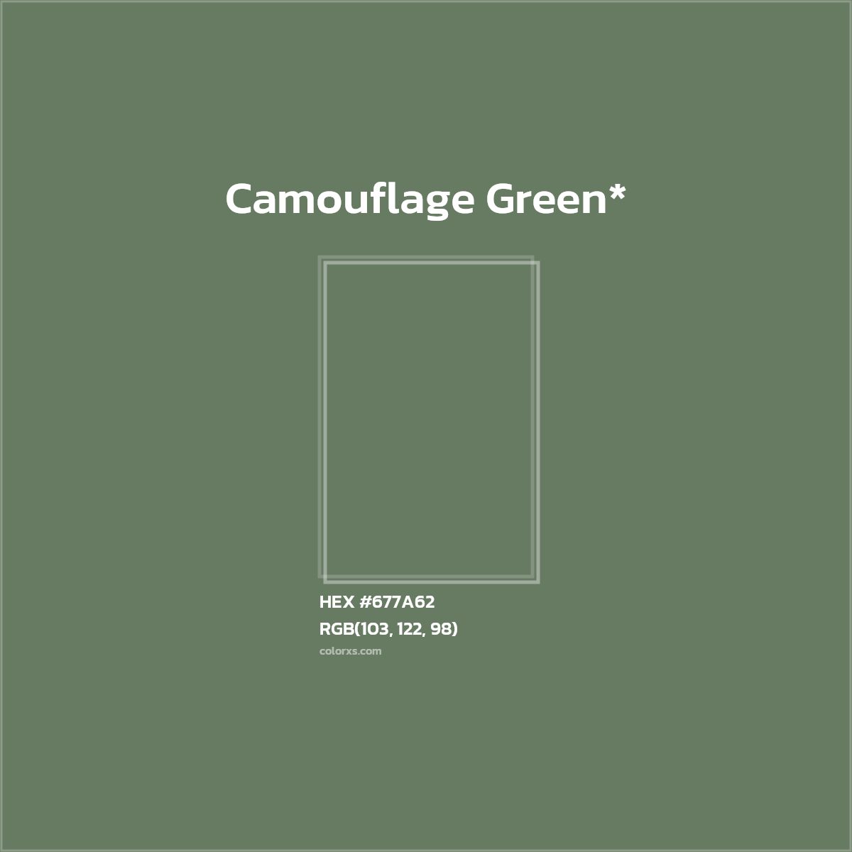 #677A62 hex color. RGB, RYB, CMYK, HSL, HSV codes and color conversions. Matching color names, palettes, paints.