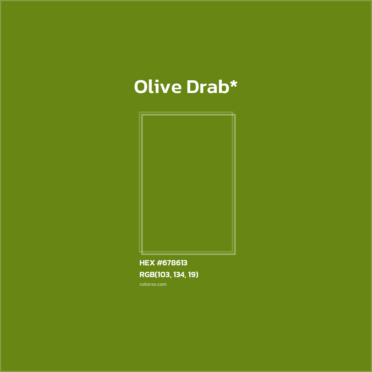 #678613 hex color. RGB, RYB, CMYK, HSL, HSV codes and color conversions. Matching color names, palettes, paints.