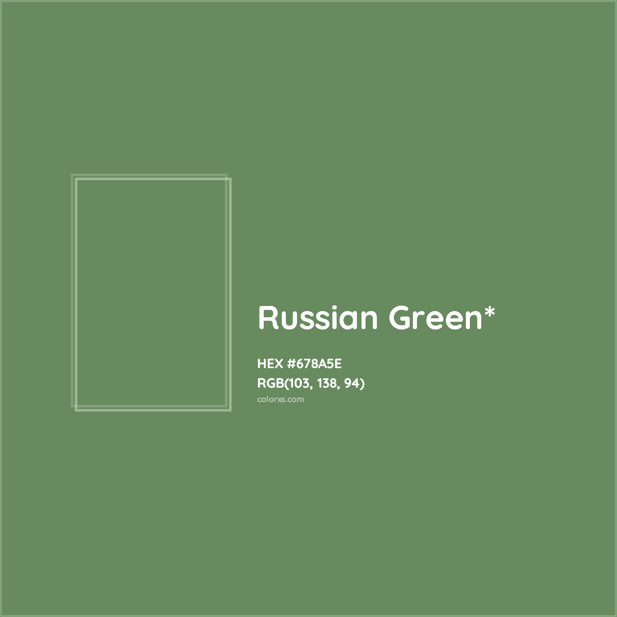 #678A5E hex color. RGB, RYB, CMYK, HSL, HSV codes and color conversions. Matching color names, palettes, paints.