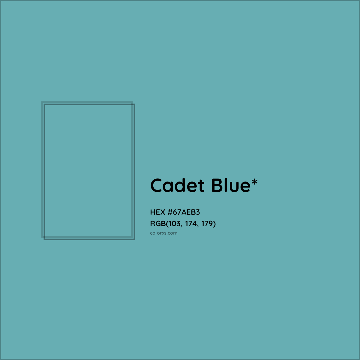 #67AEB3 hex color. RGB, RYB, CMYK, HSL, HSV codes and color conversions. Matching color names, palettes, paints.