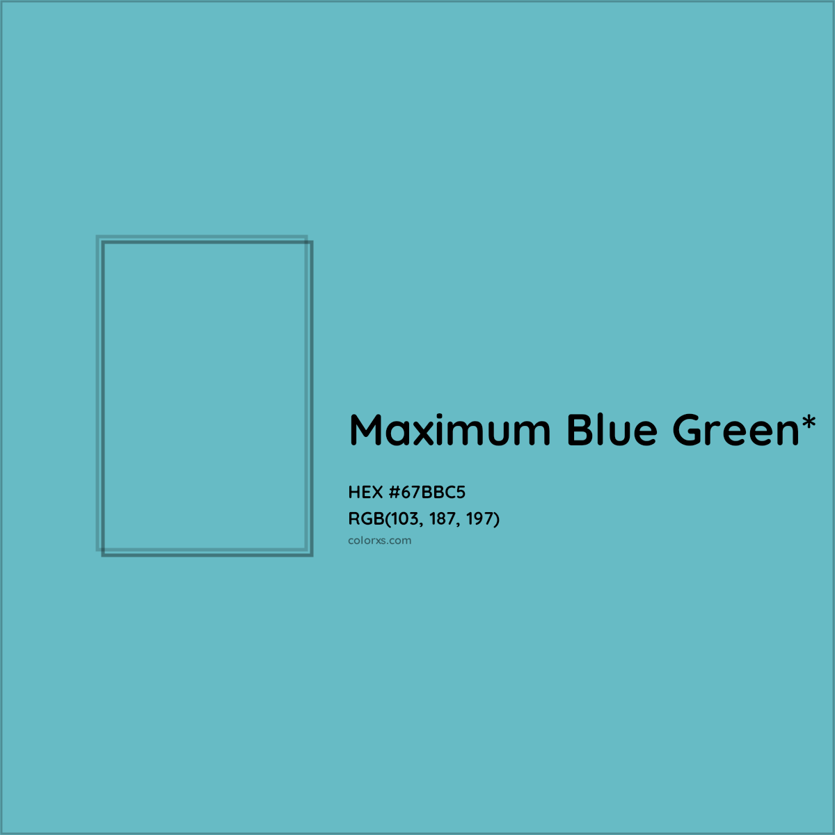 #67BBC5 hex color. RGB, RYB, CMYK, HSL, HSV codes and color conversions. Matching color names, palettes, paints.