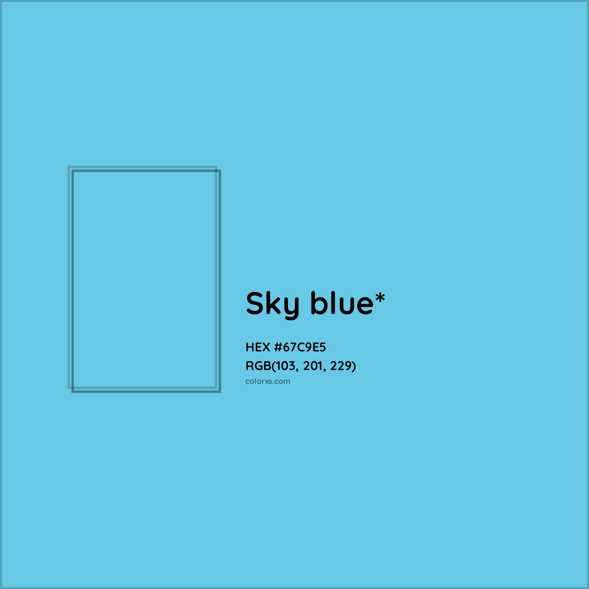 #67C9E5 hex color. RGB, RYB, CMYK, HSL, HSV codes and color conversions. Matching color names, palettes, paints.