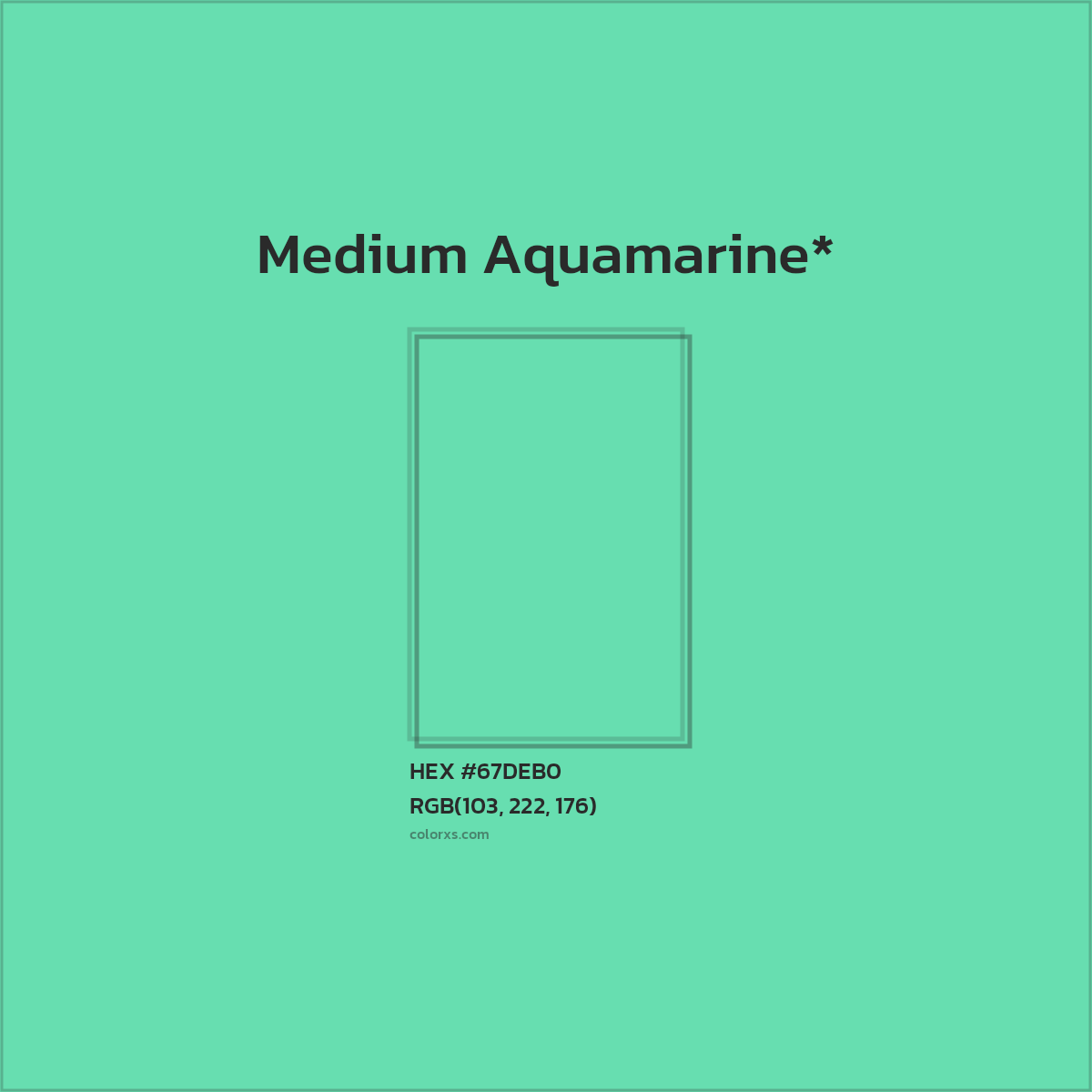 #67DEB0 hex color. RGB, RYB, CMYK, HSL, HSV codes and color conversions. Matching color names, palettes, paints.