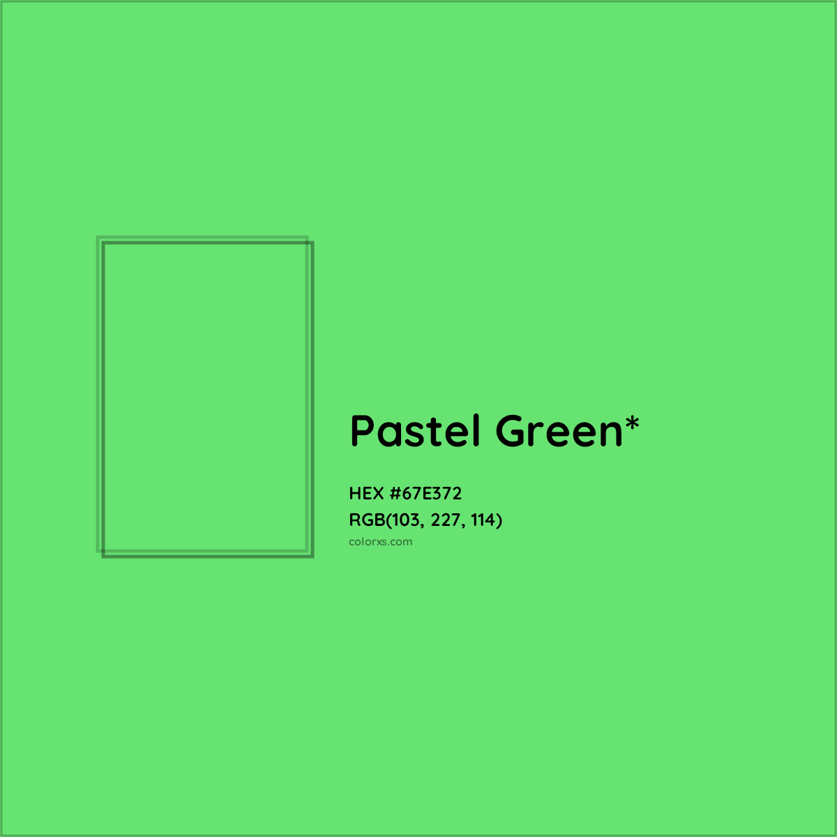 #67E372 hex color. RGB, RYB, CMYK, HSL, HSV codes and color conversions. Matching color names, palettes, paints.