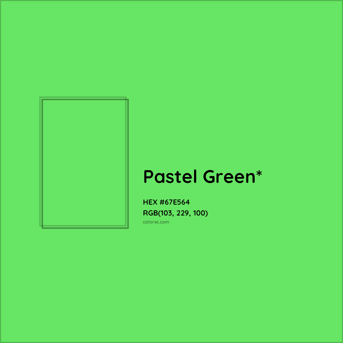 #67E564 hex color. RGB, RYB, CMYK, HSL, HSV codes and color conversions. Matching color names, palettes, paints.