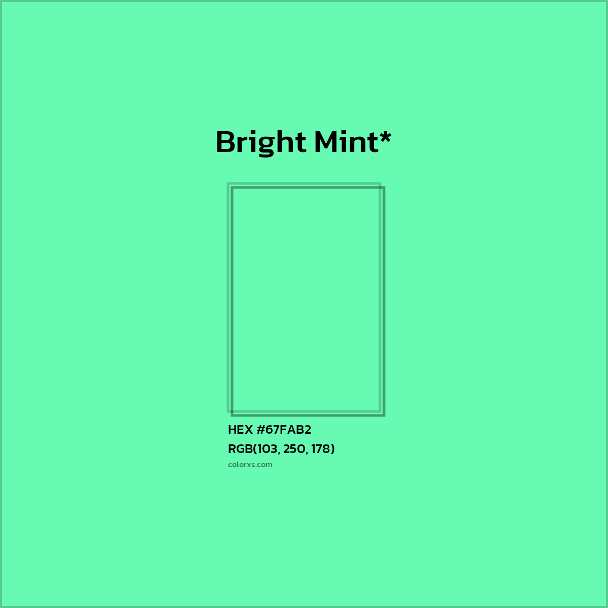 #67FAB2 hex color. RGB, RYB, CMYK, HSL, HSV codes and color conversions. Matching color names, palettes, paints.