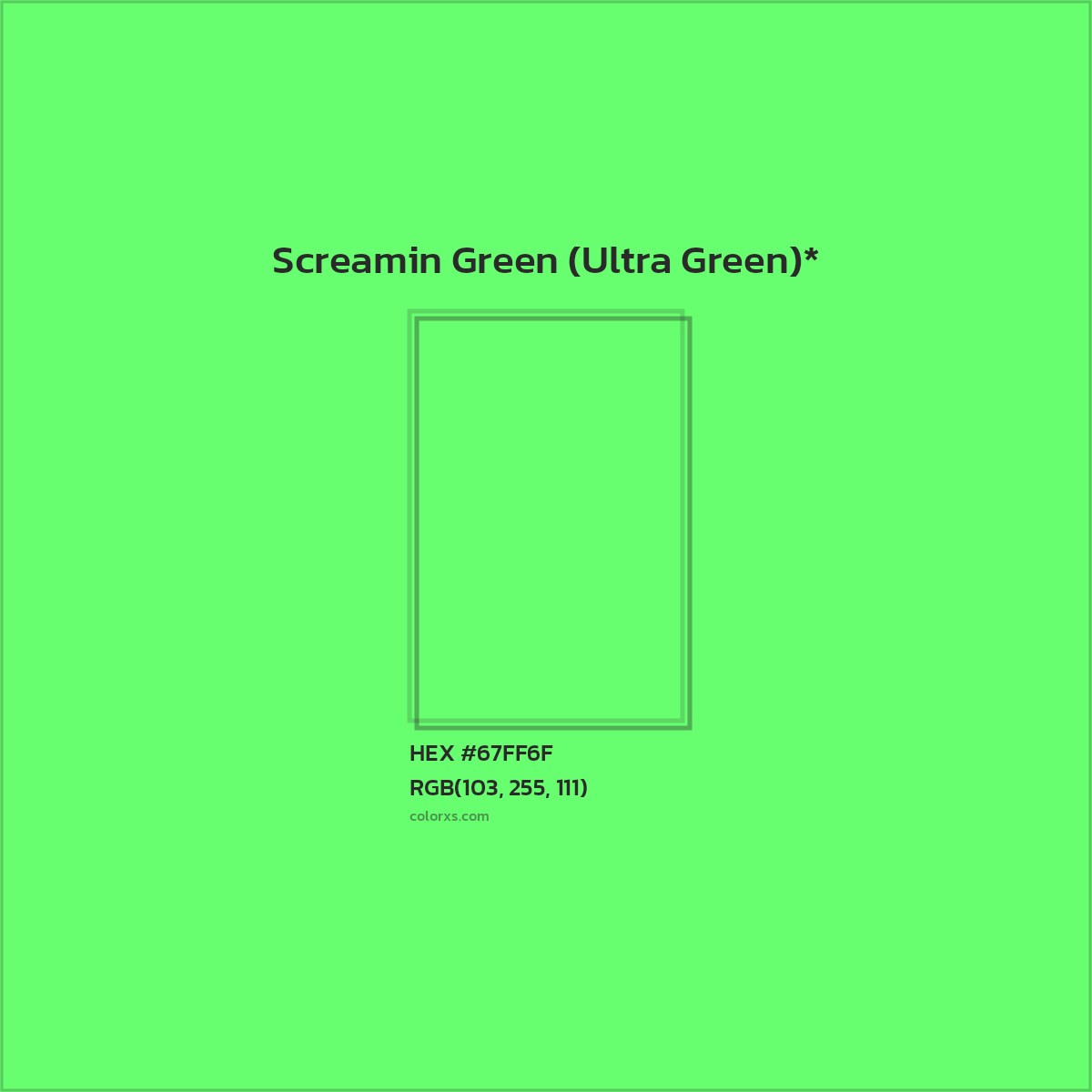 #67FF6F hex color. RGB, RYB, CMYK, HSL, HSV codes and color conversions. Matching color names, palettes, paints.