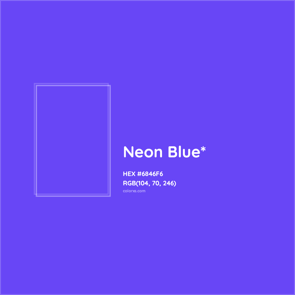 #6846F6 hex color. RGB, RYB, CMYK, HSL, HSV codes and color conversions. Matching color names, palettes, paints.