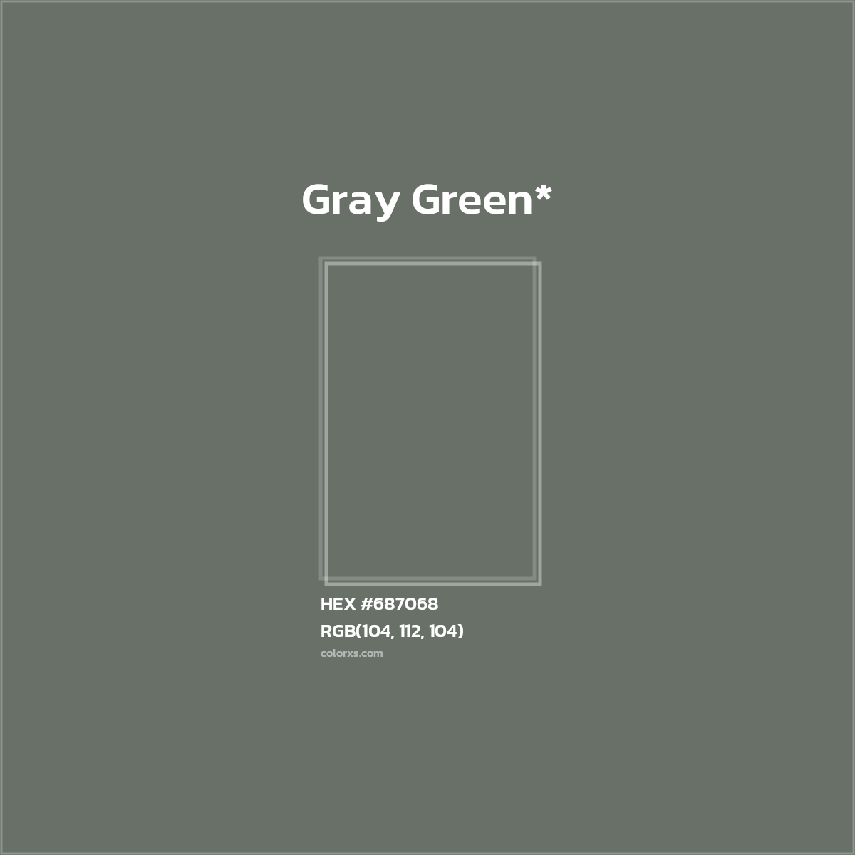 #687068 hex color. RGB, RYB, CMYK, HSL, HSV codes and color conversions. Matching color names, palettes, paints.