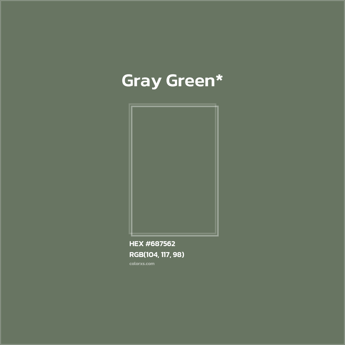 #687562 hex color. RGB, RYB, CMYK, HSL, HSV codes and color conversions. Matching color names, palettes, paints.