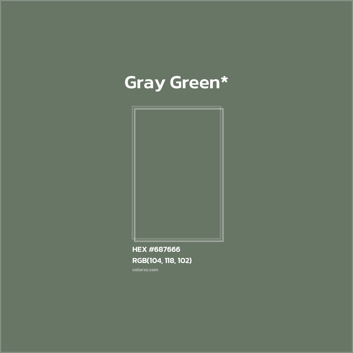 #687666 hex color. RGB, RYB, CMYK, HSL, HSV codes and color conversions. Matching color names, palettes, paints.