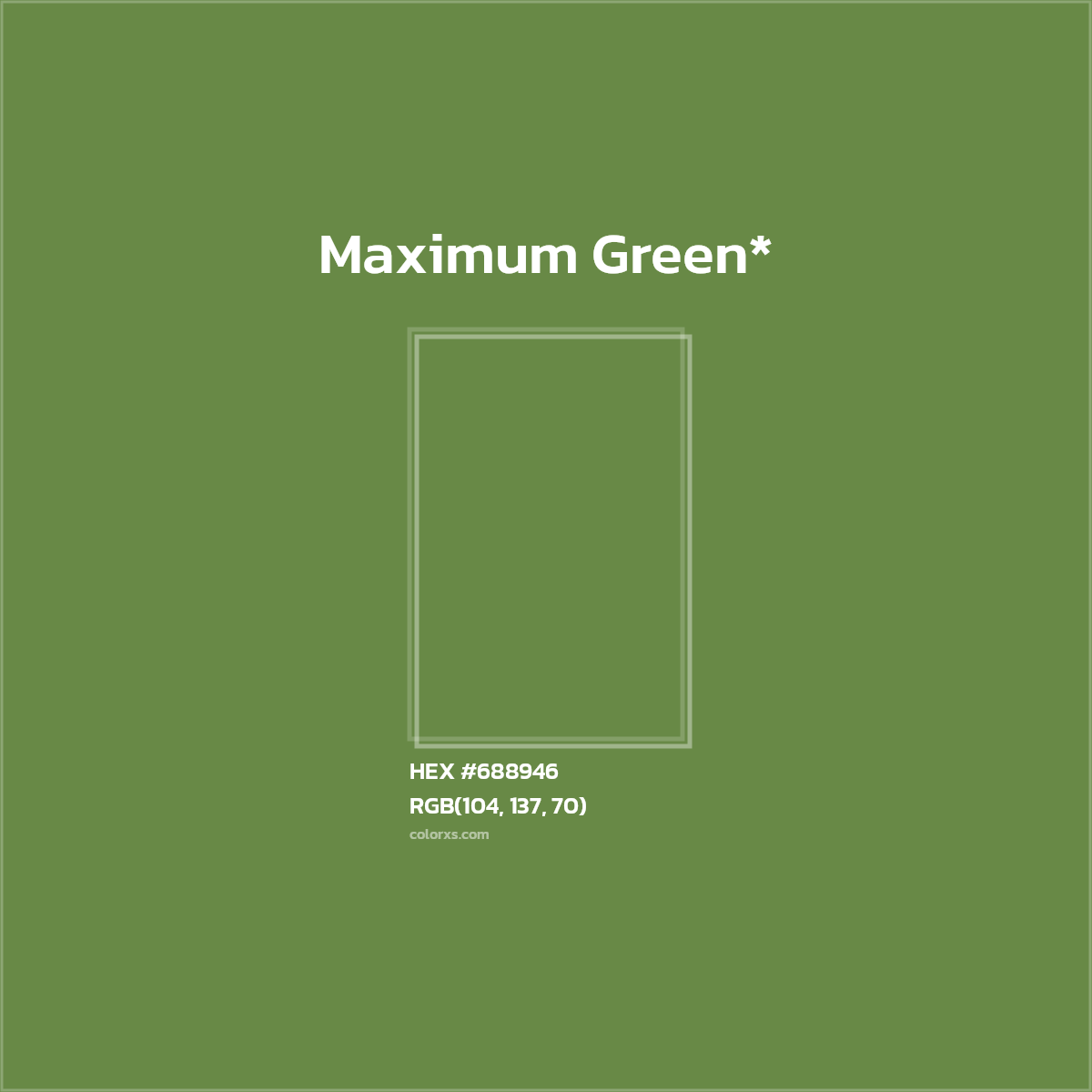 #688946 hex color. RGB, RYB, CMYK, HSL, HSV codes and color conversions. Matching color names, palettes, paints.