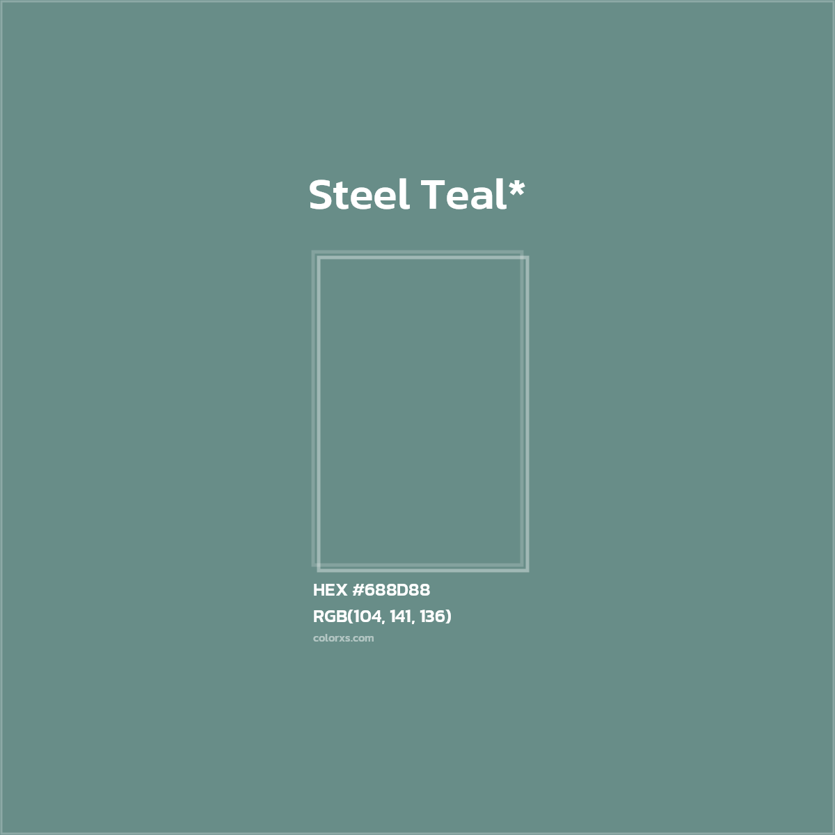 #688D88 hex color. RGB, RYB, CMYK, HSL, HSV codes and color conversions. Matching color names, palettes, paints.