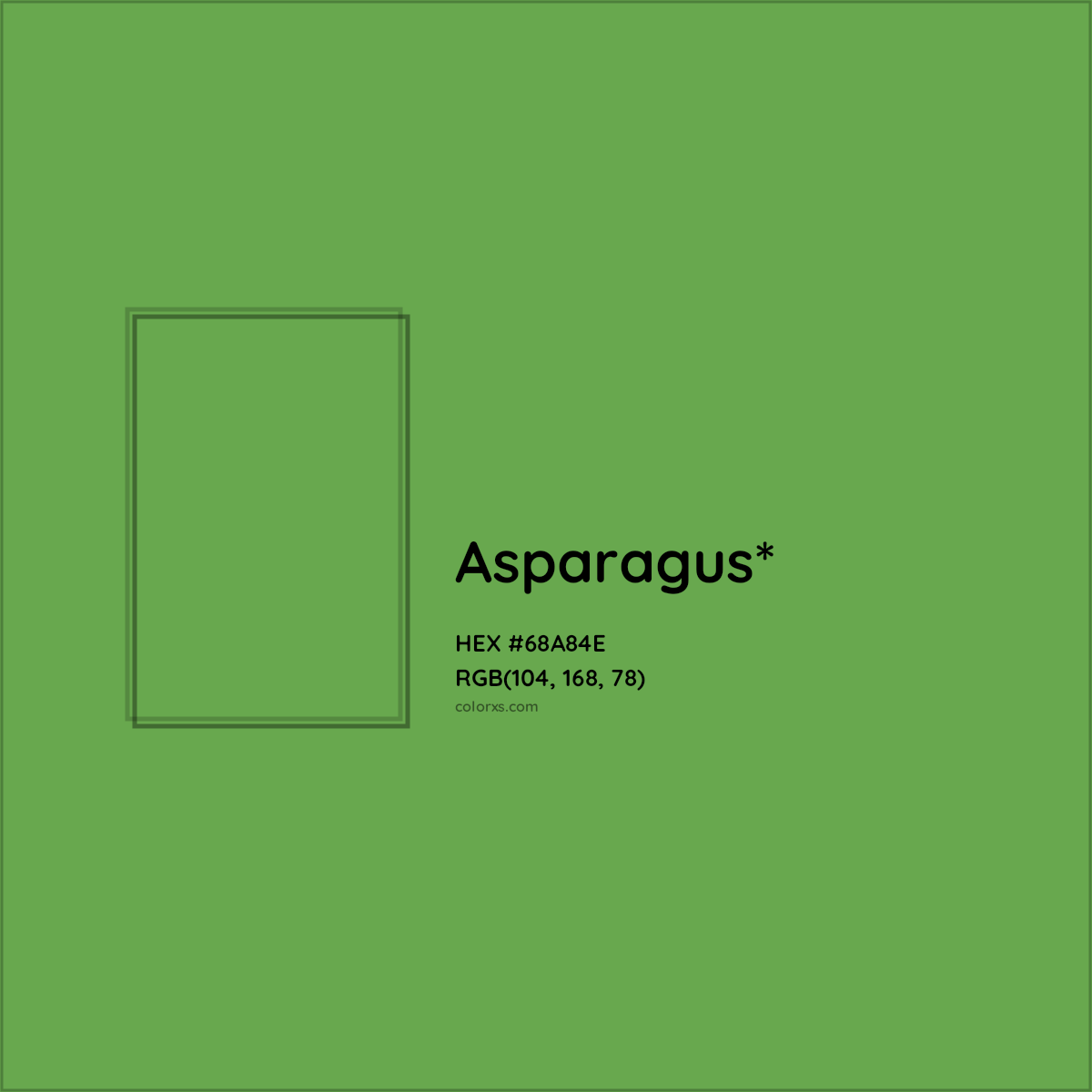 #68A84E hex color. RGB, RYB, CMYK, HSL, HSV codes and color conversions. Matching color names, palettes, paints.