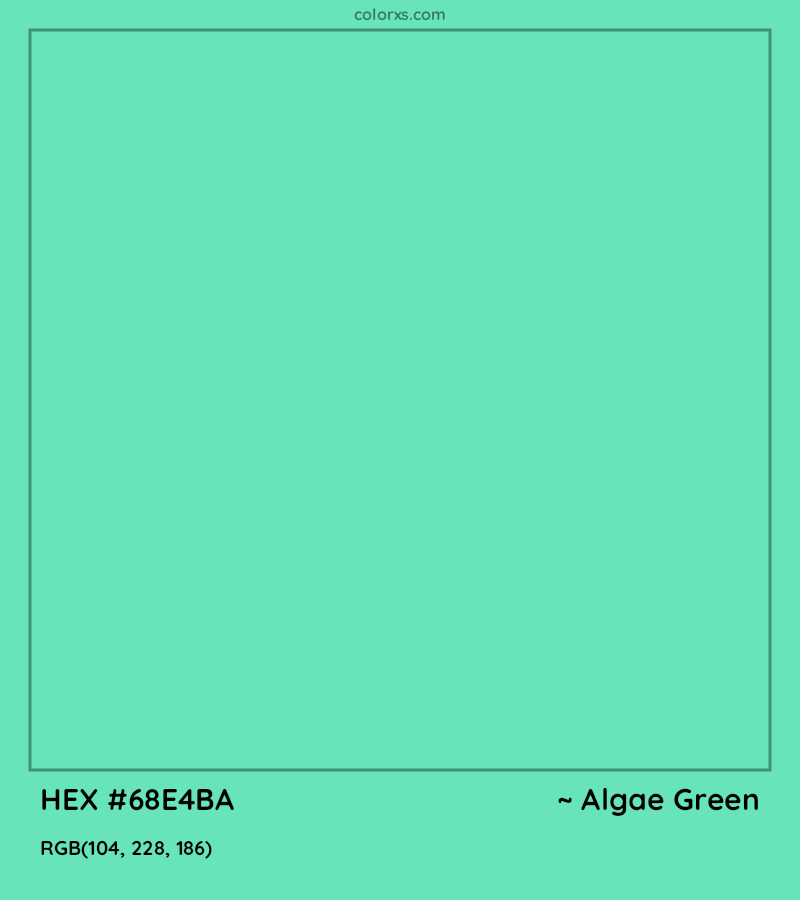 #68E4BA hex color. RGB, RYB, CMYK, HSL, HSV codes and color conversions. Matching color names, palettes, paints.