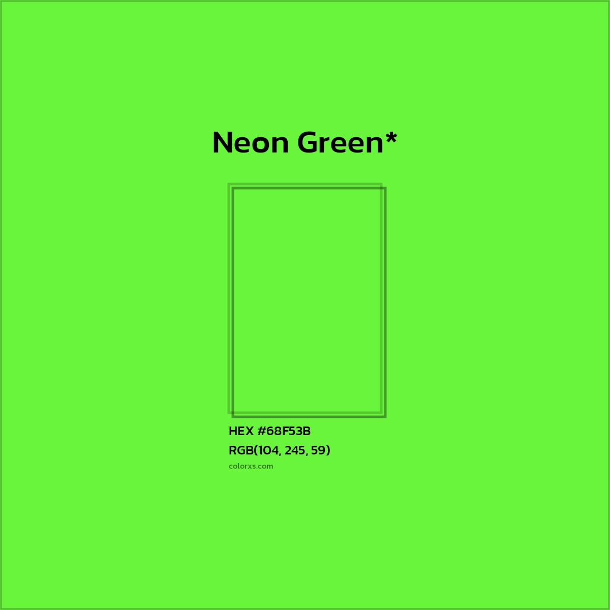 #68F53B hex color. RGB, RYB, CMYK, HSL, HSV codes and color conversions. Matching color names, palettes, paints.