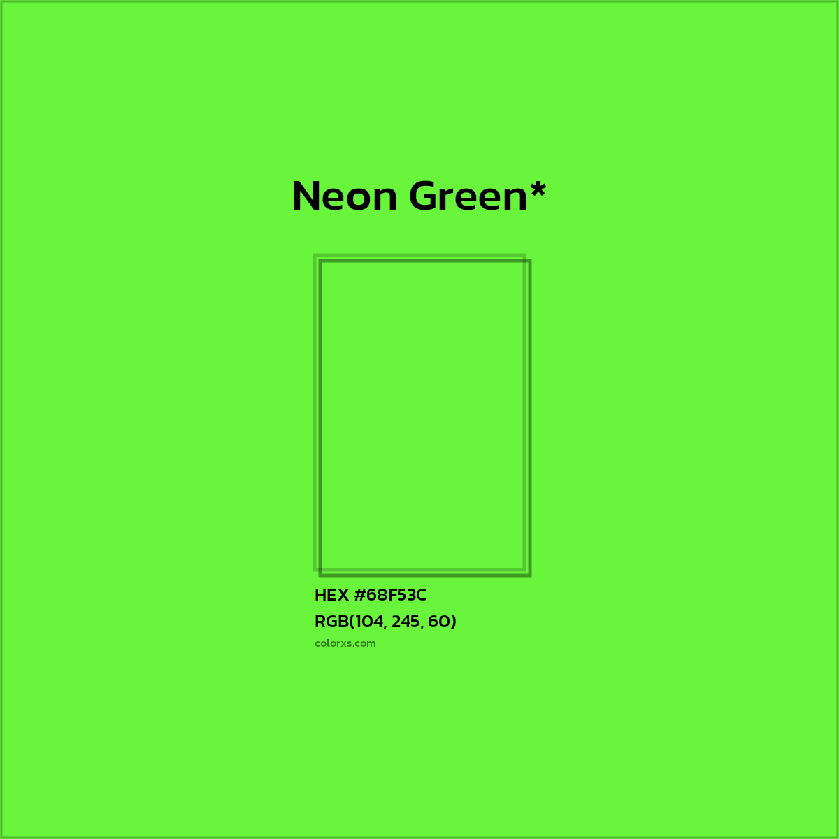 #68F53C hex color. RGB, RYB, CMYK, HSL, HSV codes and color conversions. Matching color names, palettes, paints.