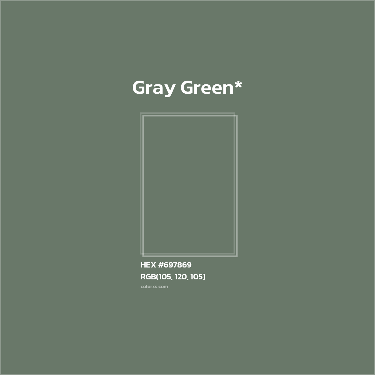 #697869 hex color. RGB, RYB, CMYK, HSL, HSV codes and color conversions. Matching color names, palettes, paints.