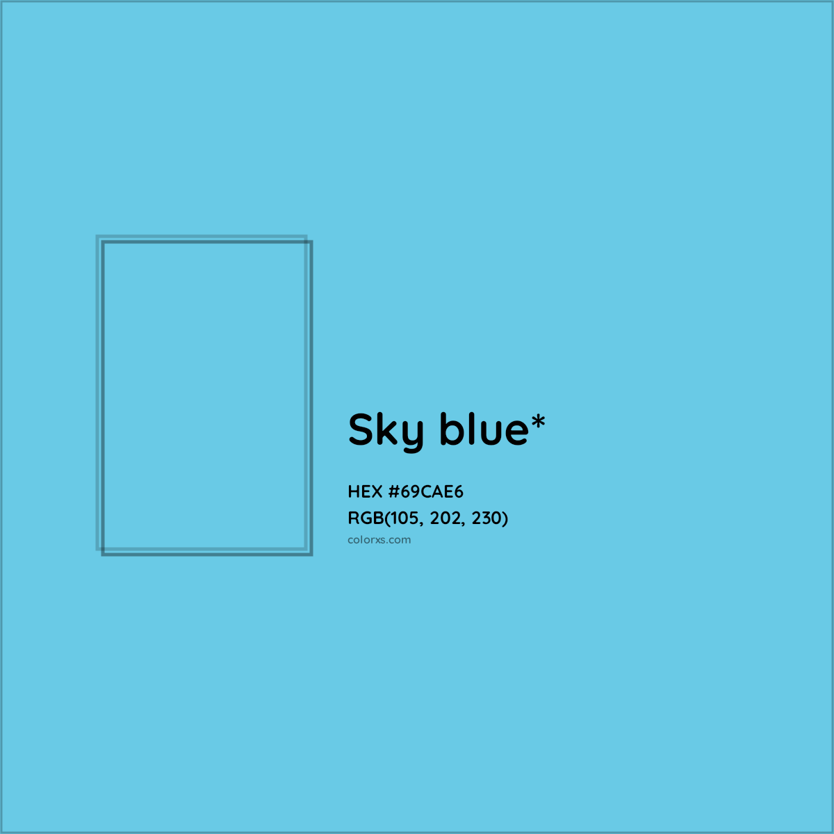 #69CAE6 hex color. RGB, RYB, CMYK, HSL, HSV codes and color conversions. Matching color names, palettes, paints.